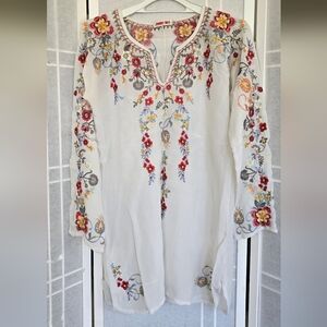 Johnny Was Ivory Blouse with Vibrant Floral Embroidery